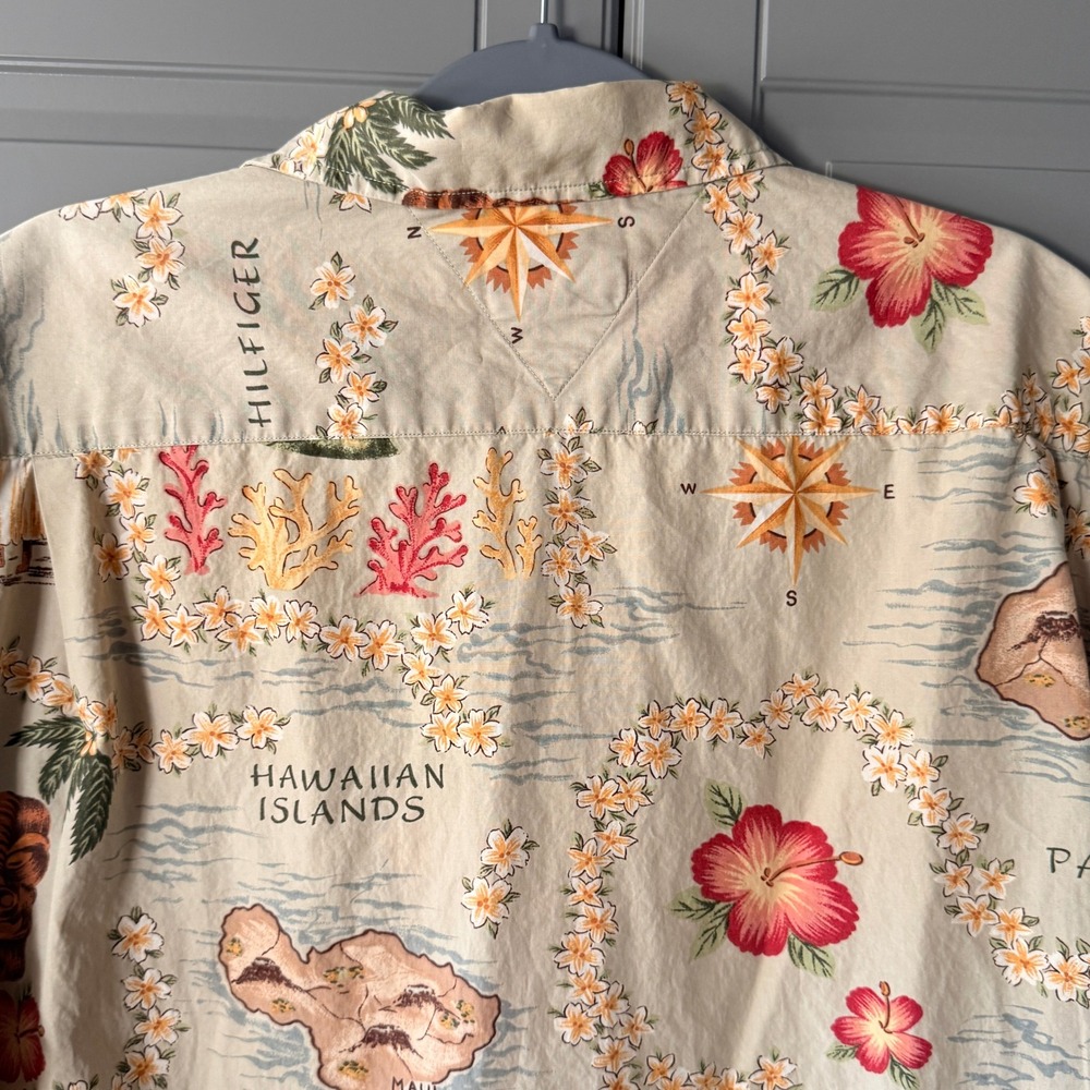 Tommy Hilfiger Vintage 90s Hula Hawaiian Map Print Button Down Shirt, Tan, L - Picture 7 of 11